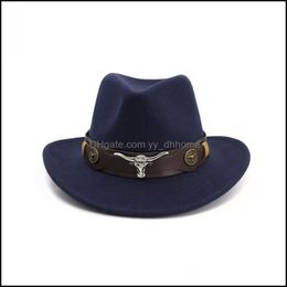 Wide Brim Hats Womens Mens British Style Retro Western Cowboy Hat Wool Wide Belt Punk Cowgirl Jazz Leather Cap Godfather Siz Yydhhome Dhqeh