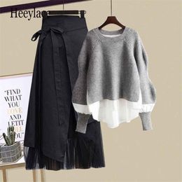 Two Piece Dress Women Winter Patchwork Long Sleeve Knitted Tops Asymmetric Skirt 2 Piece Suit Female Party Elegant Two Piece Set 220906