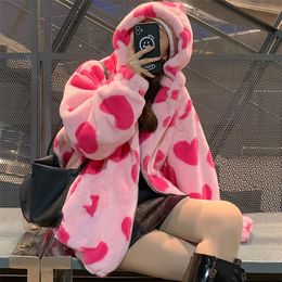 Women's Trench Coats 90s Harajuku Heart-shaped Print Plush Jacket Women Winter Korean Large Size Long Sleeve Hooded Coat Thick Warm Couple Streetwear 220906