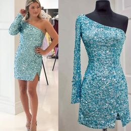 2023 Formal Evening For Women One Shoulder Short Prom Dresses With Long Sleeve Sequin Front Split Homecoming Dress 328 328