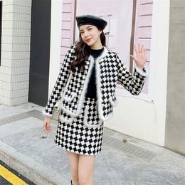 Two Piece Dress Autumn Winter Runway Wool Two Piece Set Women Plaid Cashmere Tweed Jacket Coat High Waist Mini Skirt Sets Suit Female 220906