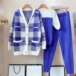 Womens Two Piece Pants Vintage Womens Tracksuit Casual Loose Plaid Cardigans Short Sleeve Pullvoer Sweaters Pants Sets 3 Pcs Knitted Suit Plus Size 220906