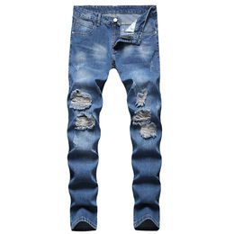 Men's Straight Ripped Jeans Fashion Slim Denim Trousers Multi Hole Pants Casual Streetwear Jean Homme Pantalon Size 28-42