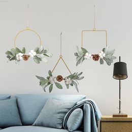 Faux Floral Greenery New Metal Wall Hanging Flower Wrought Iron Rabbit Ear Leaf Cotton Wall Decoration Pine Cone Pendant Garland Home Photography J220906