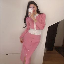 Two Piece Dress Knitted 2 Piece Set Women Oneck Patchwork Single Breasted Cardigan Slim Elastic Skirt Korean Chic Suit Female Crop Top 220906