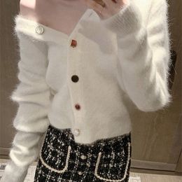 Two Piece Dress Korean Fashion two piece sets womens outifits Autumn White Knitted Cardigan High waist Plaid Tweed Skirt Sets Casual Suits 220906