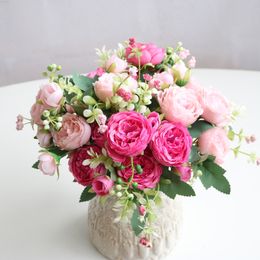 Faux Floral Greenery 1 Bunch Of 5 Beautiful Artificial Peony Roses Silk Flower Diy Home Garden Party Wedding Decoration Fake Flowers J220906