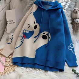 Women's Sweaters Women's Winter Hooded Sweater And Pullovers Long Sleeve Bear Pattern Casual Jumpers Pull Femme Patchwork Chic Knit