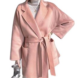 Women's Wool Blends 100% Wool Autumn Winter Pure Woollen Water Ripple Women Coat Double-Sided Pink Green Blue Drawstring Fashion Cloak With Belt 220906