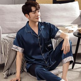 Men's Sleepwear Summer Pyjamas For Men Silk Suit Satin Short Tops Long Pants Two Pieces Set Mens Pyjama Loose Male Nightwear