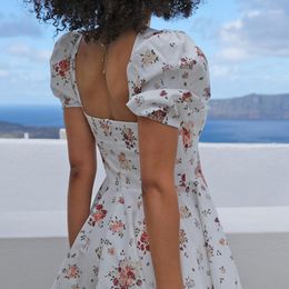 Casual Dresses Retro Floral Dress Short Puff Sleeve Elegant Ladies Flowers Printed Summer Slim Waistline Fresh Style Fashion Skirts