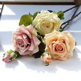 Faux Floral Greenery New Beautiful Big Rose Branch Artificial Silk Flowers Home Wedding Decoration Retro Autumn Big Roses White Fake Flowers Decor J220906