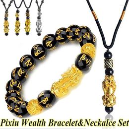 Strand 2Pcs Gold Pixiu Bracelet Necklace Set Feng Shui Buddhist Bead Obsidian Men Women Wealth Good Luck Jewellery