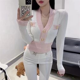 Womens Sweaters Sweet Slim Fit Knitted Cardigan Women Patchwork Sexy Vneck Golden Bottons Contrast Color Sweater Crop Tops Elegant French Style 220906