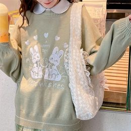 Women s Sweaters Deeptown Kawaii Cartoon Printed Knitted Sweater Women Preppy Fashion Green Long Sleeve Oversize Jumper Female Korean Style Tops 220906