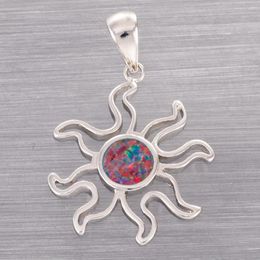Pendant Necklaces KONGMOON Hollow Sunburst Black Cherry Red Fire Opal Silver Plated Jewelry For Women Necklace