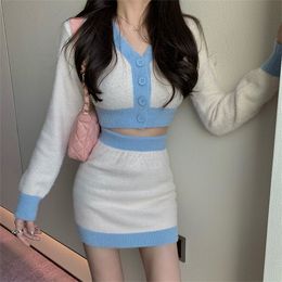 Two Piece Dress Spring Autumn Sweater Skirt Sets Soft Vneck Contrast Colour Cardigan Crop Top Mini Bodycon Skirt Two Piece Set Knitted Suit 220906