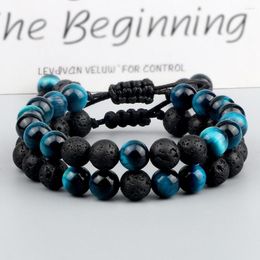 Strand 8MM Couple Blue Tiger Eye Natural Stone Woven Bracelet Women Handmade Lava Beads Bangles Adjustable Healing Energy Jewelry Gift