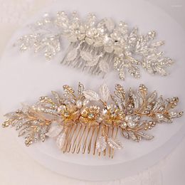 Headpieces Bride Wedding Crystal Pearl Leaf Hair Comb Silver Gold Bridal Pieces Rhinestone Clip Flower Side Combs