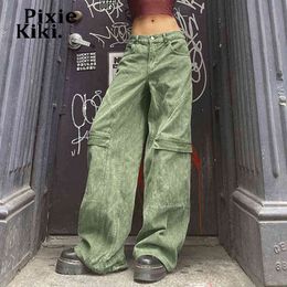 Women's Jeans PixieKiki Low Rise Y2k Jeans 2000s Streetwear Women Denim Pants Green Khaki Baggy Cargo Pants Vintage Clothes P77-ED68 T220825