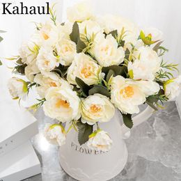 Faux Floral Greenery New Beautiful Peony Artificial Flowers White Bouquet For Wedding Home Decoration Vintage Silk Fake Flower Christmas Decor Wreath J220906