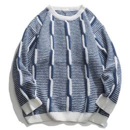 Men's Sweaters Japanese Harajuku Stripe Sweater Men Winter Loose Round Neck Knitted Pullover Streetwear Vintage Patchwork Sweaters 220906