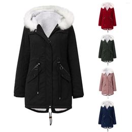 Women's Trench Coats Women's Cotton Coat White Fur Fleece Pluffy Collar Parka Mid-Length Hooded Ladies Winter Jacket Warm Outerwear