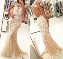 Evening Dresses Champage Lace Applique Sexy Backless Beaded Sweep Train Cap Sleeves Prom Gown Formal Wear Plus Size Custom Made Vestidos