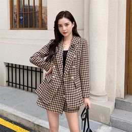 Two Piece Dress French Houndstooth Tweed Two Piece Set Women Vintage Temperament Jakcet Coat Blazer Shorts Suit Female Autumn Winter 220906