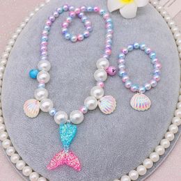 New 2/5pcs Girls Mermaid Pearl Necklace Bracelet Ring Earring Set Kids Toys Children Princess Accessories Girls Birthday Gifts