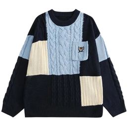 Men's Sweaters Sweater Men Winter Japanese Bear Embroidery Pocket Knit Pullovers Woman Vintage Hip Hop Streetwear Oversized Sweater 220906
