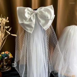 Headpieces White Satin Bow Veil Hair Clips Fairy Bride Hairpin Side Clip Bridal Wear Wedding Accessories