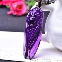 Pendant Necklaces Purple Natural Crystal Carved Cicada Sweater Chain Necklace For Women Men Friend Insect Fashion Jewellery JoursNeige