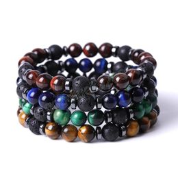 Energy Natural Stone Bracelets 8MM Round Ball Beaded Strand Colorful Red Blue Tiger Eye Black Lava Bracelets for Women Men