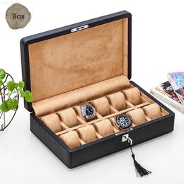 12 watch display box UK - Watch Boxes Cases Top 12 Slots Carbon Fiber Leather Box Fashion Black PU Storage Box With Lock And Display Gift Case W079 J220825 J220906