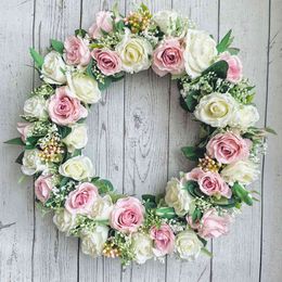 Decorative Flowers Wreaths Artificial Pink Rose Wreath Summer Front Door Eucalyptus Green Leave Flower Wreath Country Wedding Decoration Garland Home Decor