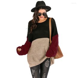 Women's Sweaters Women's O Neck Long 2022 Fall Woman Loose Large Size Winter Clothes For Ladies Colour Block Knitted Pullover Warm