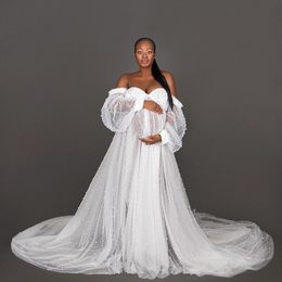 Luxury Pearls Maternity Dress Tulle Pregnant Women's Prom Dresses Long Sleeve Baby Shower Gowns Luxury Robes