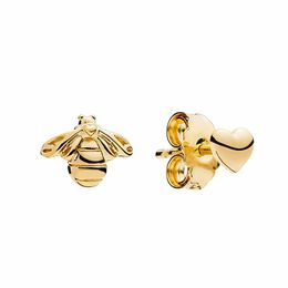 Yellow Gold plated Bee Heart Stud Earrings Sweet Women Authentic 925 Silver Wedding Jewellery Set For pandora girlfriend Gift Earring with Original Box