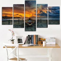 Painting 5Panel Print Morning Seascape Oil on Canvas Art hdsea Beach Boat Modular Wall Pictures Modern for Living Room Cuadros