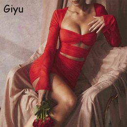 Giyu Sexy Bodycon Dresses Women 2022 Club Party Holllow Out Backless Robe Femme Casual Elegant Long Sleeve Red Mini Vestidos T220819