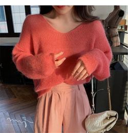 Women's Sweaters Women's Autumn Women Knitted Sweater Solid Colour Mohair Pullover V Neck Sweet Loose Long-sleeve Knitwear Jumper Pull