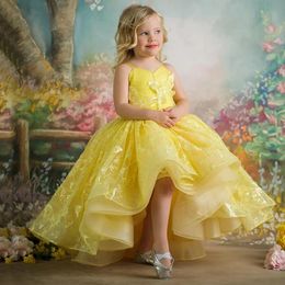 Yellow Lace Flower Girl Dresses For Wedding Spaghetti Straps Toddler Pageant Gowns Tulle Appliqued Floor Length Kids Birthday Dress