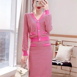 Two Piece Dress Autumn Striped Pink Knitted Skirt Sets Women Runway Design Vneck Long Sleeve Cardigan Sweater Midi Skirts Two Piece Set 220906