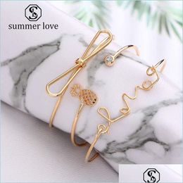 Link Chain Newest 3Pcs Set Pine Bow Love Letter Cuff Bangle Bracelet For Women Sier Gold Alloy Open Fashion Jewellery Drop De Yydhhome Dhwoz