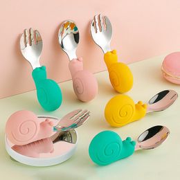 Cups Dishes Utensils Hippo Snail Whale Silicone Baby Spoon and Fork 316 Stainless Steel Utensil Set Learn To Eat Tableware Infant Food Feeding 220906