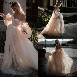 Romantic Tulle Champange A Line Wedding Dresses For Bride Lace Off Shoulder Puff Long Sleeves Boho Garden Beach Bridal Gowns Layered Plus Size Robes de Mariee CL1092