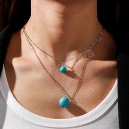 Fashion Trendy Gold Color Blue Stone Ball Pendant Necklace Women Simple Casual Boho Jewelry