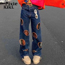 Women's Jeans PixieKiki Hole Hollow Out Low Rise Baggy Jeans Y2k Women Streetwear Vintage Blue Denim Trousers Wide Leg Pants P85-EZ60 T220825