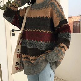 Women s Sweaters Vintage Women Pullover Winter Striped Jumpers Korean Style Loose Knitwear Casual Sweater Pull Femme 220906